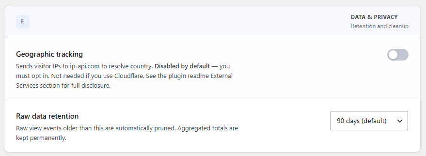 Data & Privacy settings — Configure geographic lookup options and raw view event retention periods.