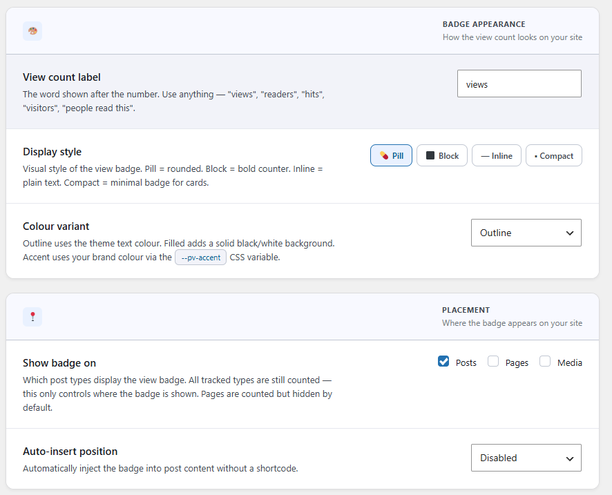 Badge Appearance & Placement settings — Customize front-end view count labels, visual badge styles (Pill, Block, Inline, Compact), and auto-insertion rules.