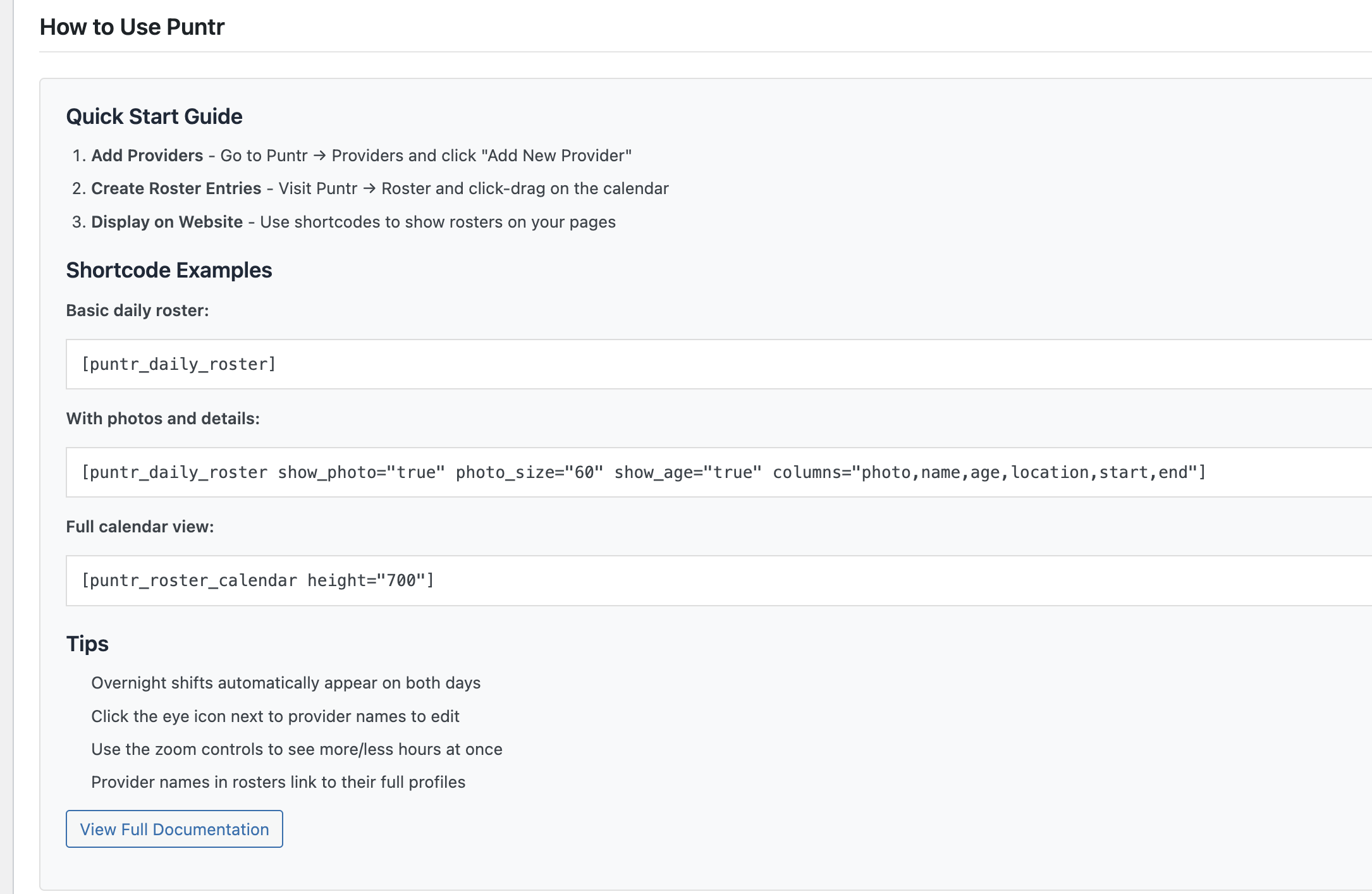 Settings page with quick reference for shortcodes