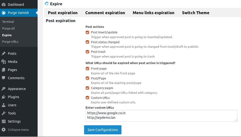 Action trigger configuration screen to make automate purge varnish cache for post expiration.