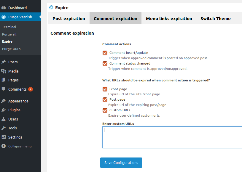 Action trigger configuration screen to make automate purge varnish cache for comment expiration.