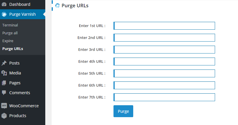 Purge URLs screen to purge URLs manually from varnish cache.
