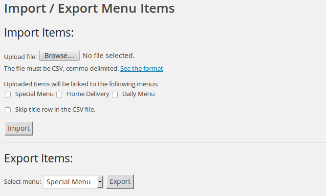 Import / export menu items from / to CSV file
