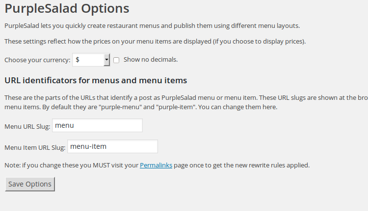 The Settings page lets you specify currency, decimals display, and define your own URL slugs for menus and menu items.