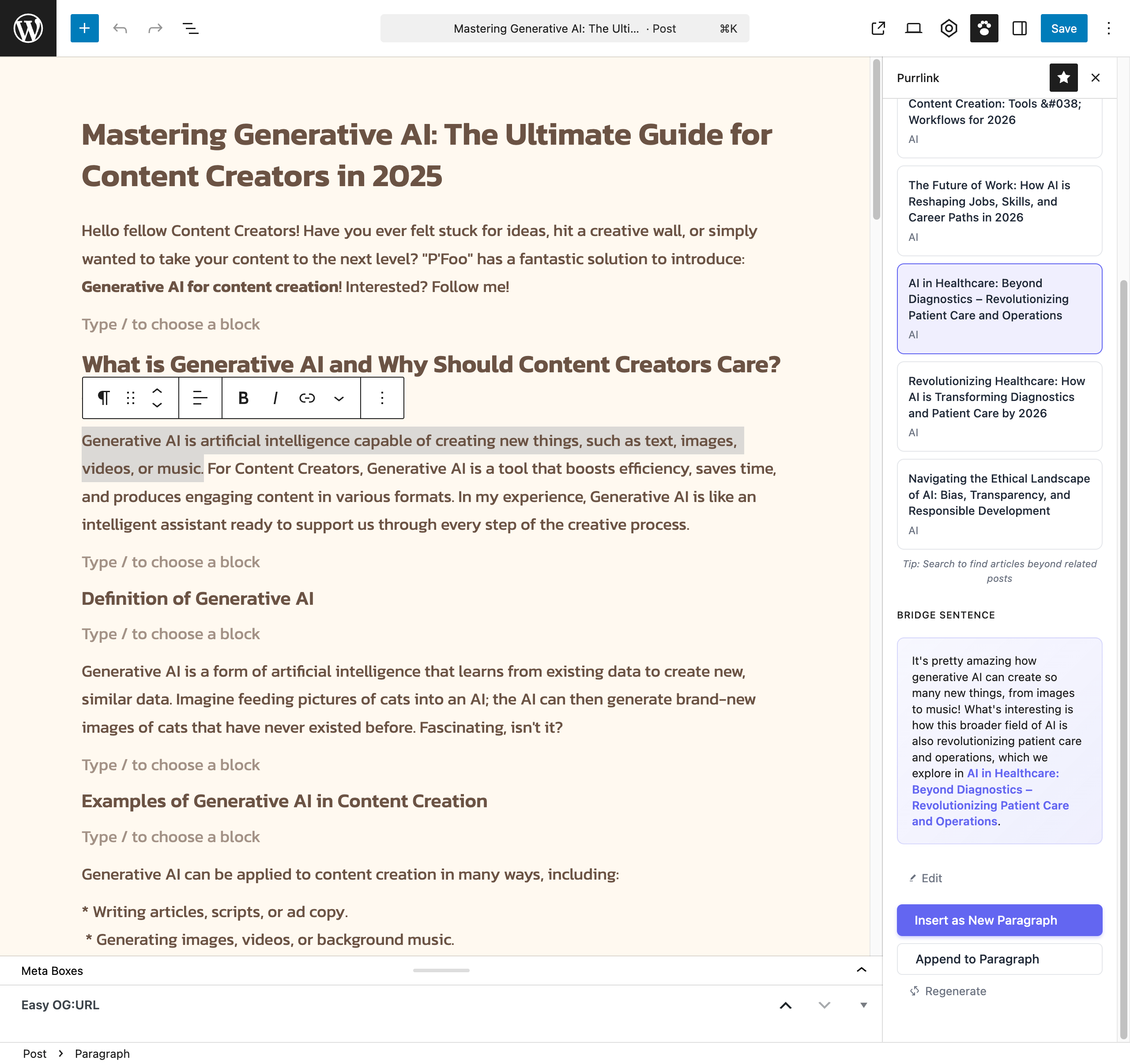 Generated bridge sentence with insert options