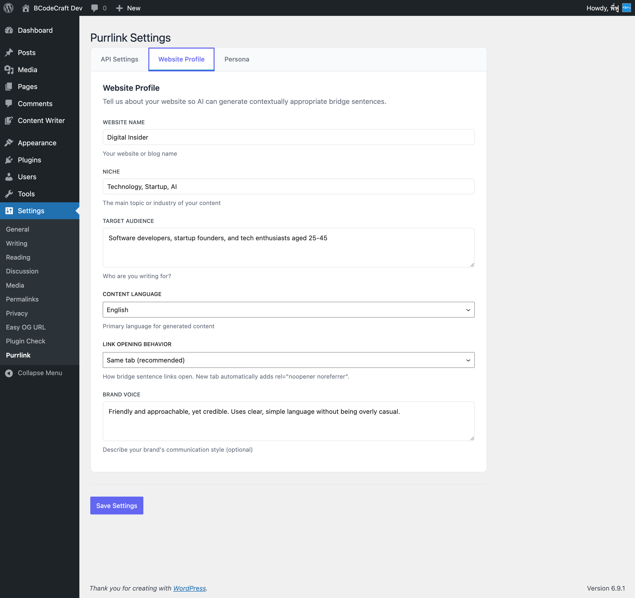 Settings page - Website Profile with language and link behavior