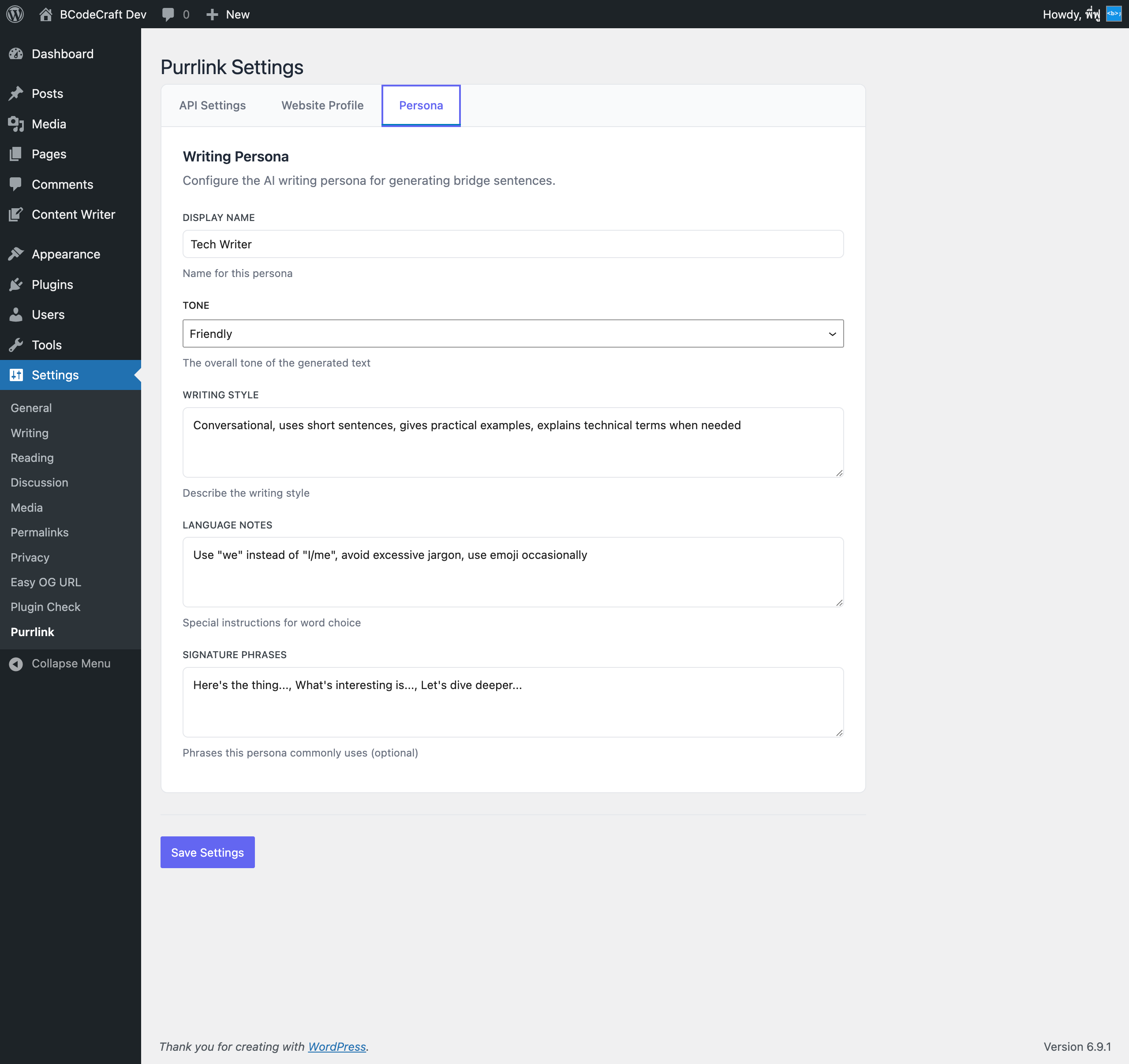 Settings page - Persona configuration