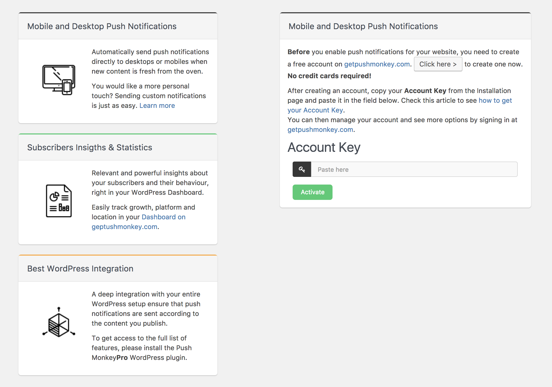 The main page of the Push Monkey Light plugin