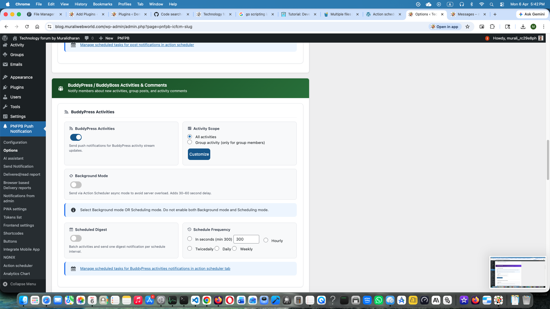 BuddyPress group page showing the group subscribe / unsubscribe push notification button.
