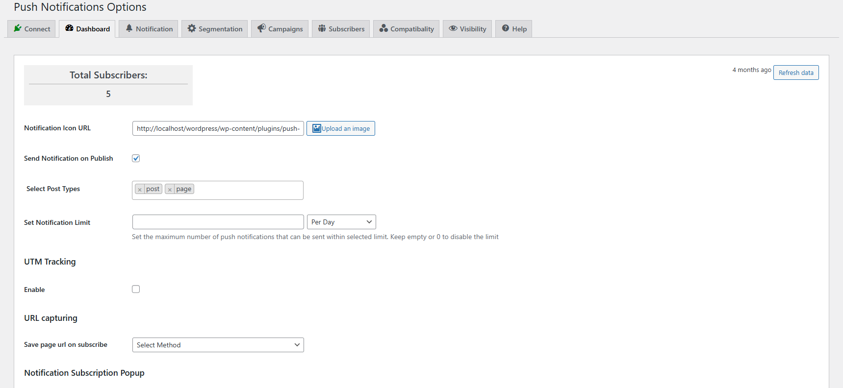 Dashboard showing total subscribers, notification settings, and tracking options.