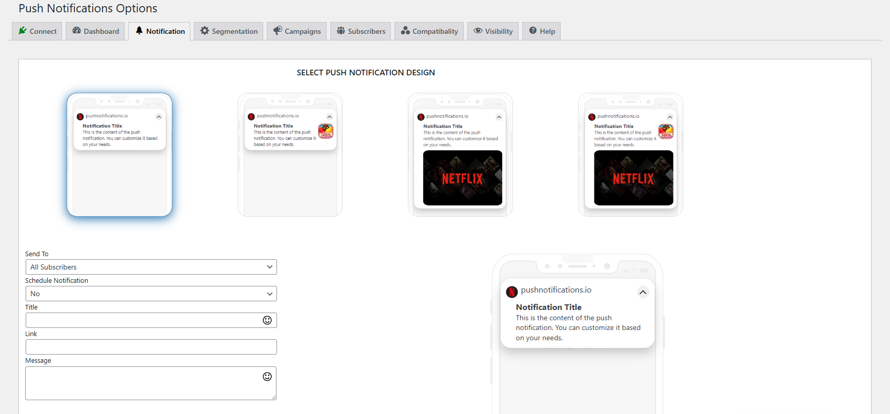 Interface for selecting notification design and composing message.