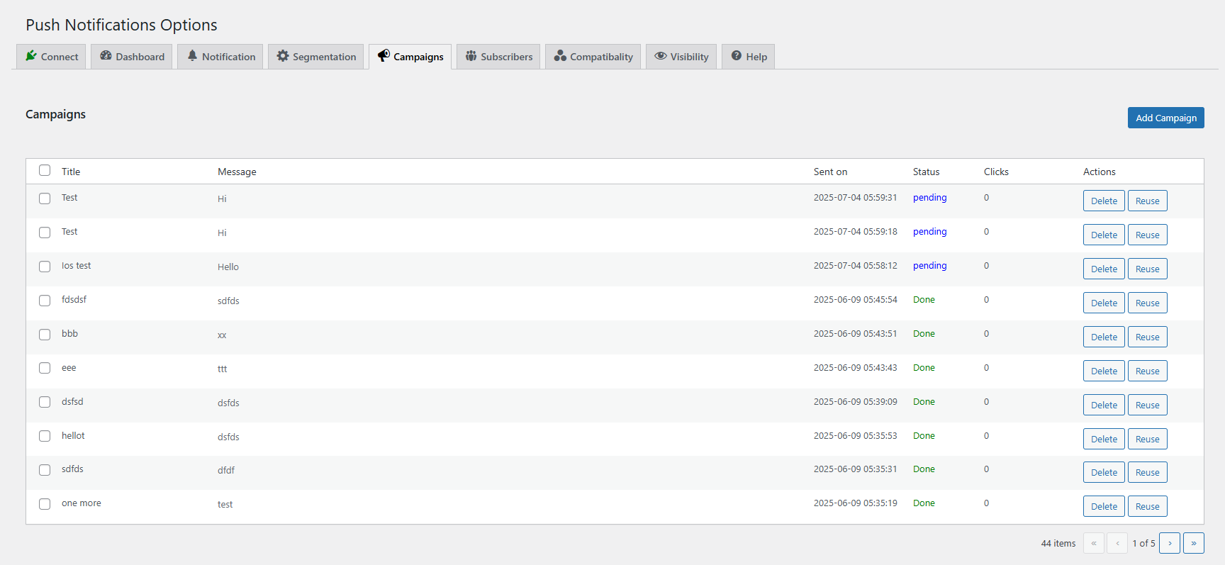 Campaigns section showing a list of sent and pending campaigns with actions to delete or reuse.