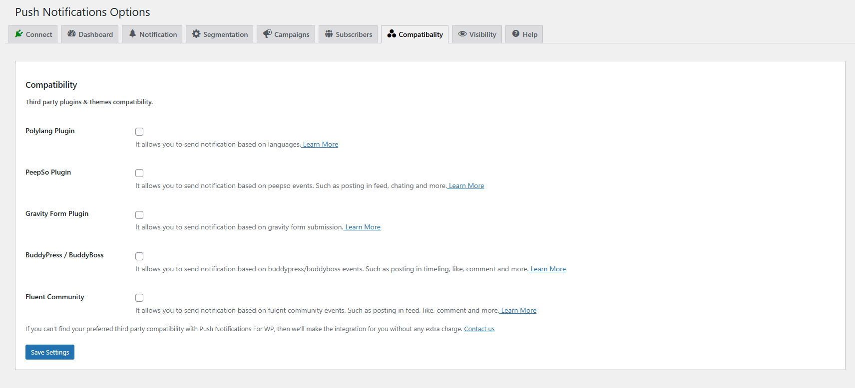 Compatibility section showing third-party plugin integration options.