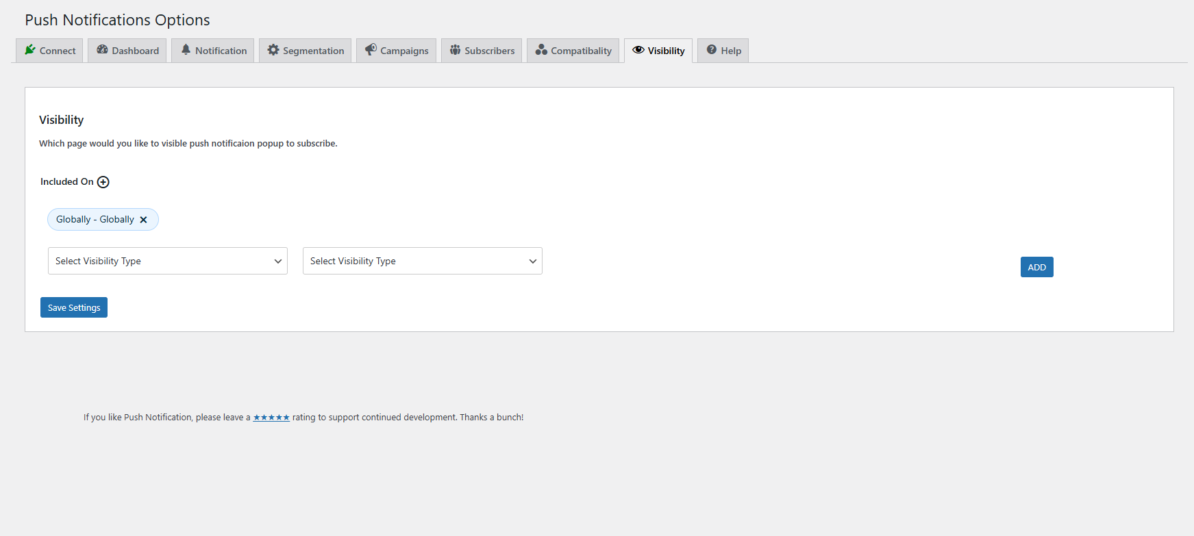 Visibility section for controlling where the subscription popup appears.