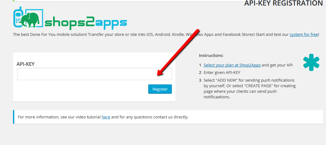 Enter API key for your website from shops2apps.com