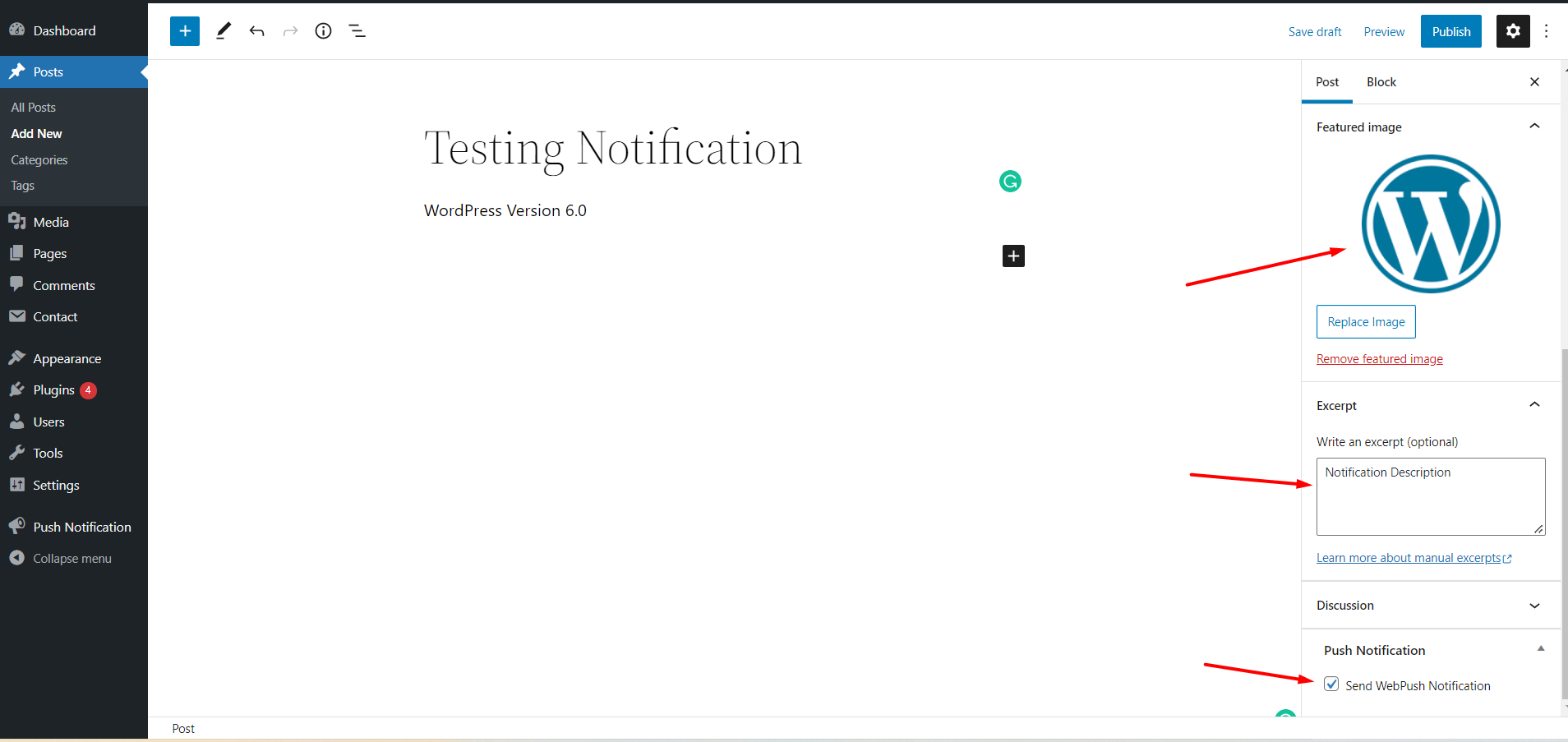Post and Page Push Notification Option.