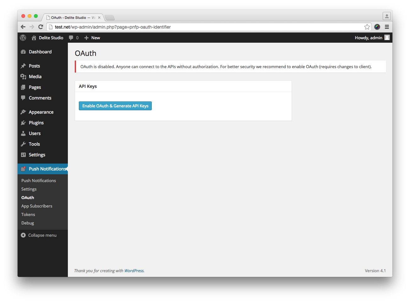 The OAuth page (with OAuth disabled).