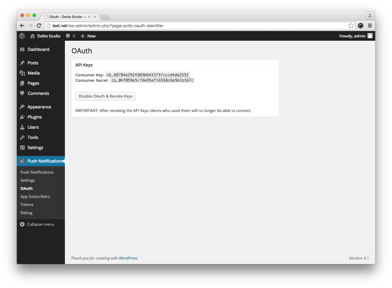 The OAuth page (with OAuth enabled).