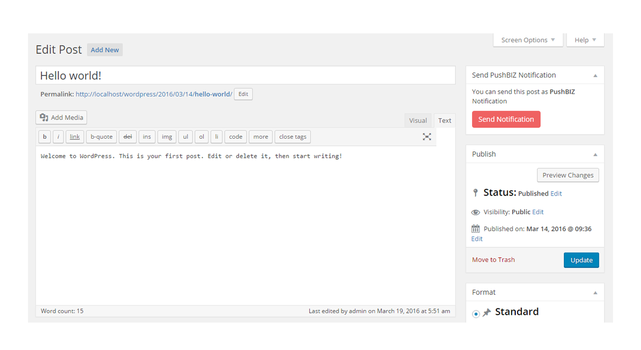 Sending your PushBIZ Messages from WordPress Post section