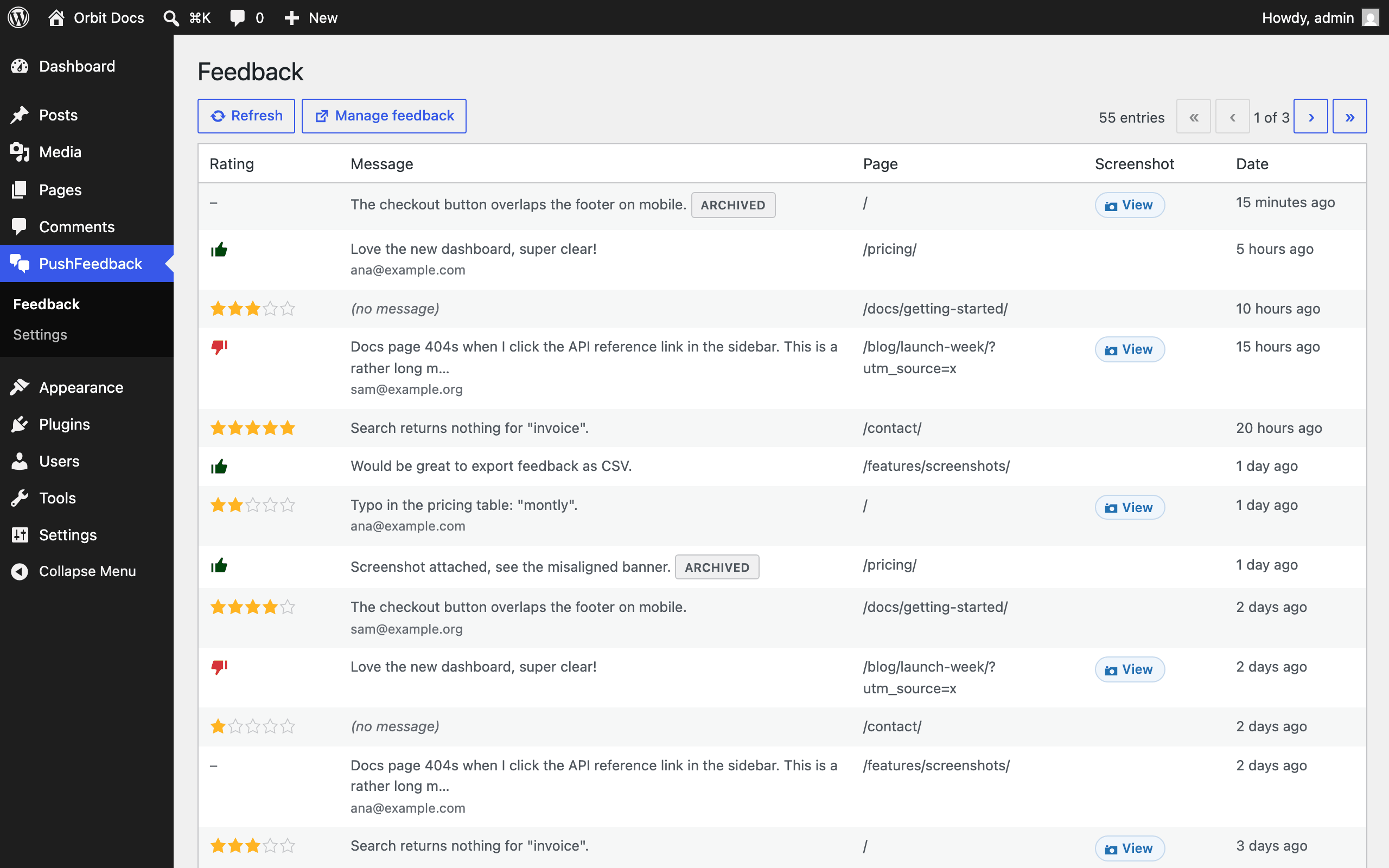 Feedback in wp-admin: ratings, messages, screenshots, and the page each entry came from.
