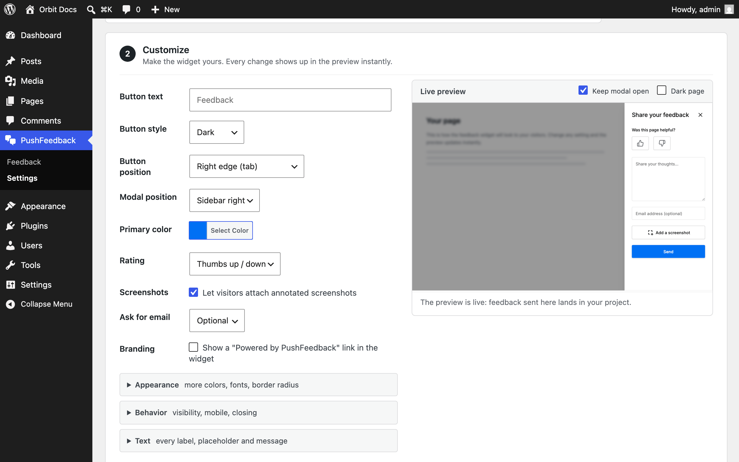 Settings with a live preview: colors, position, and text update as you type.