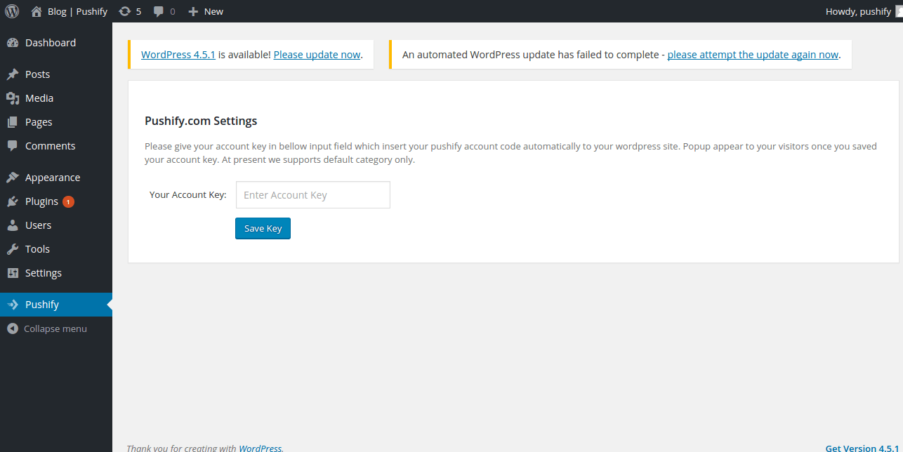 Navigate to Pushify menu in wordpress dashboard