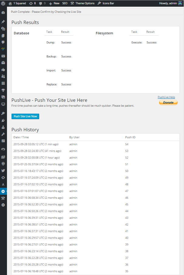 Main PushLive window just after a successful push.