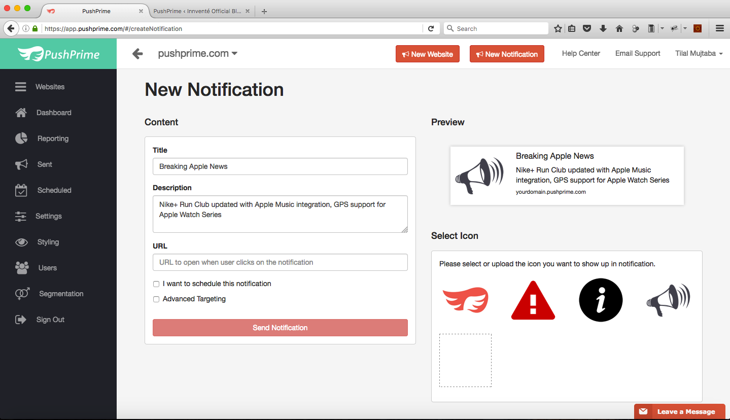 Compose a notifications, hit send