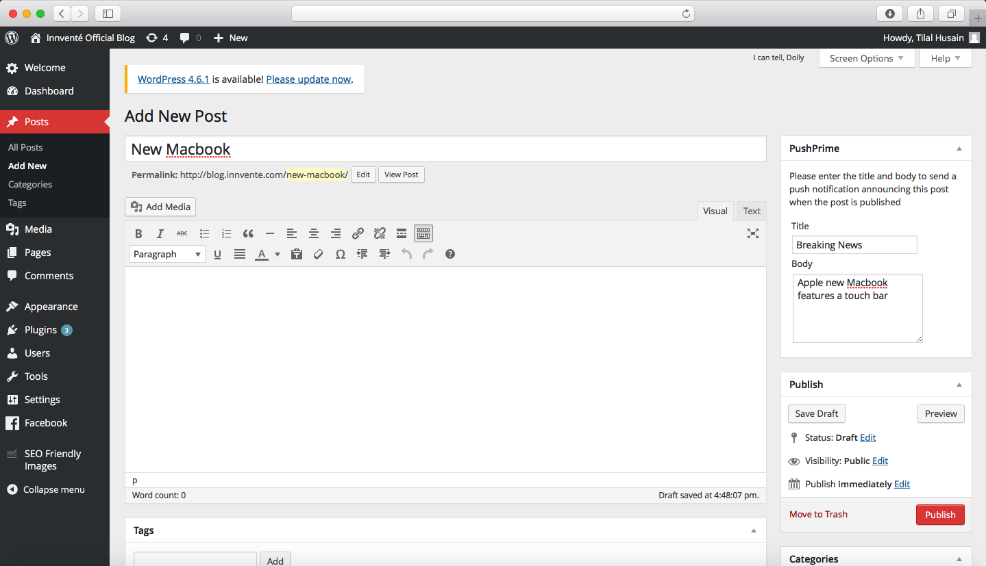 Setup api key to send push notification while publishing an article