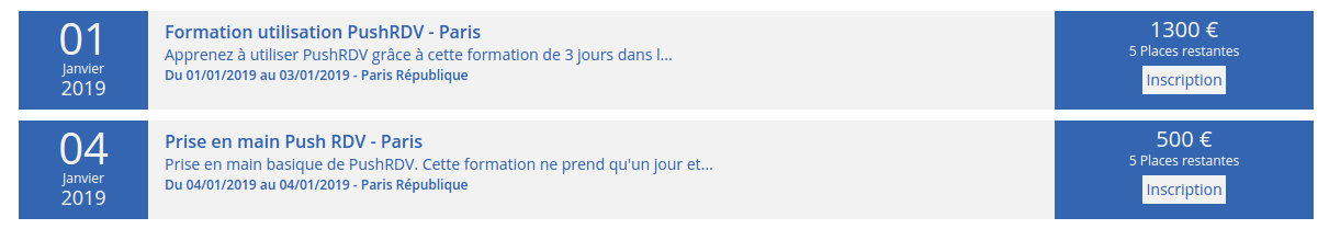 Events displayed on a page of your site / Affichage des stages sur une page de votre site