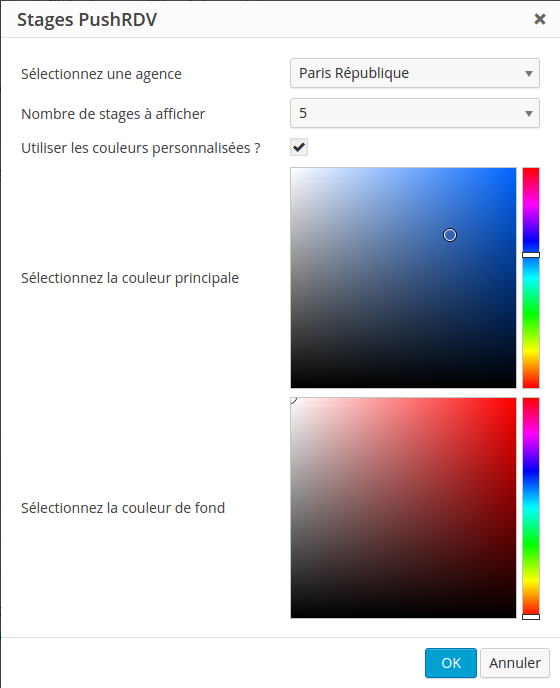 Settings of the shortcode / Paramètrage du shortcode d'affichage des stages