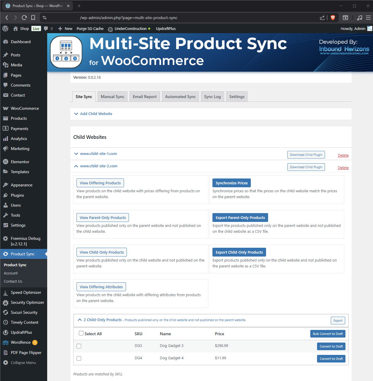 Add a child site to parent website