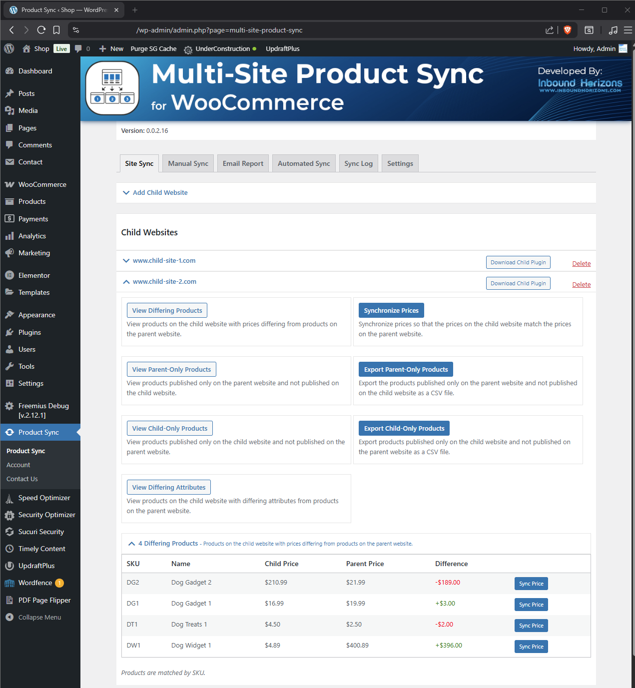 Sample "View Child-Only Products" results