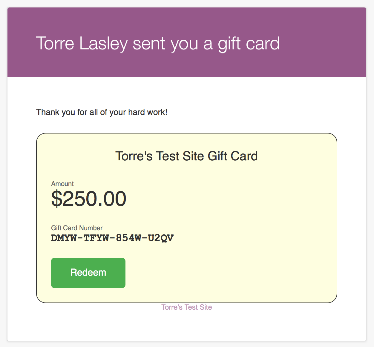 WooCommerce email template system for beautiful emails. Click the link directly in the email to add the gift card to the cart automatically!