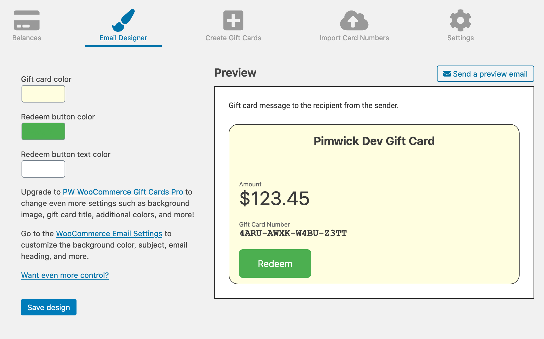 Use the email designer to customize your gift card.