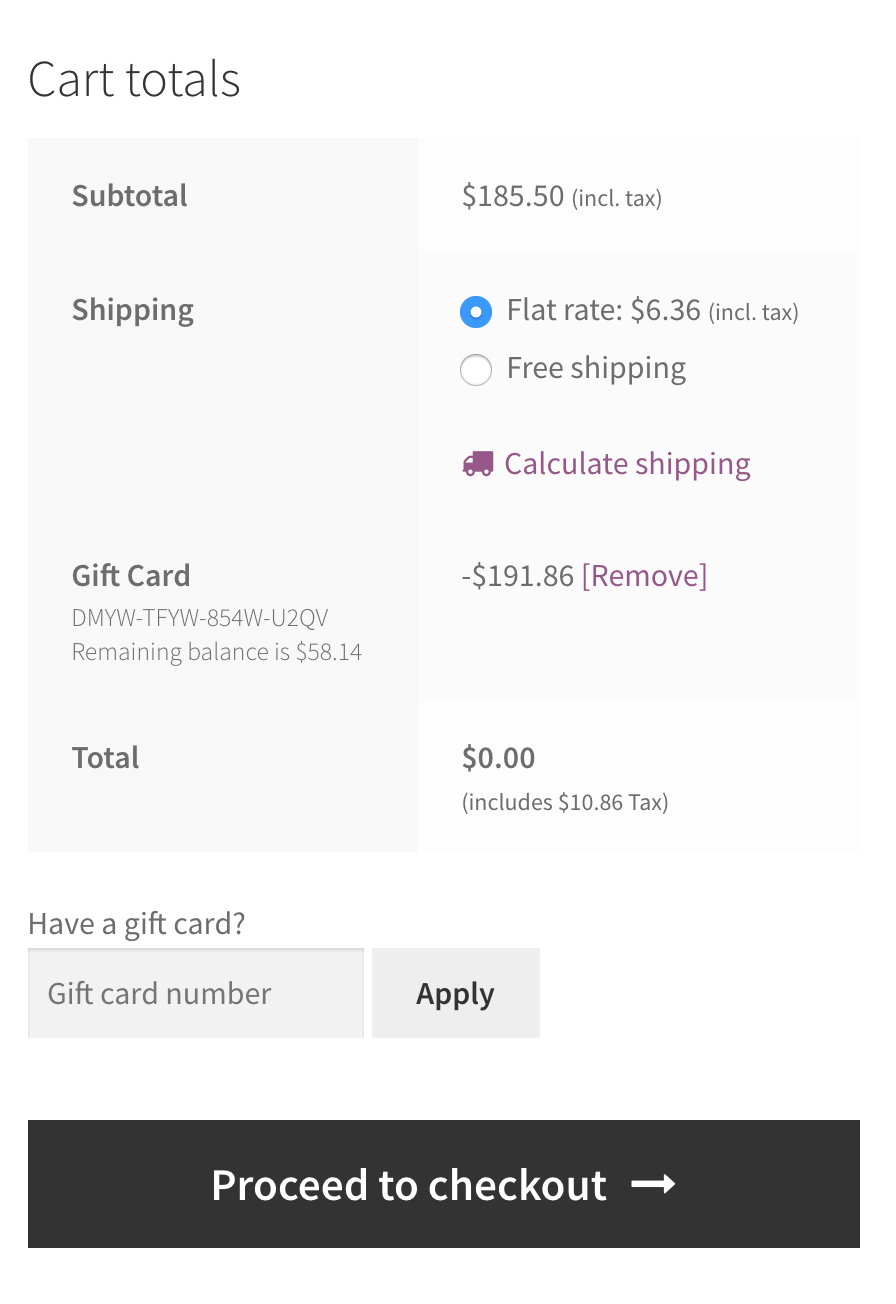 Integrates into your theme to make redeeming a gift card easy for the customer. Applies the balance after tax, just like cash. New balance shown on the cart and checkout pages.