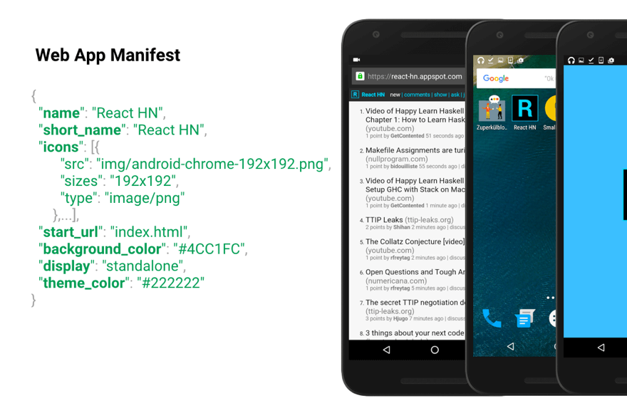 Web App Manifest enables a website to be added to a mobile home screen and launched in a standalone app-like experience.