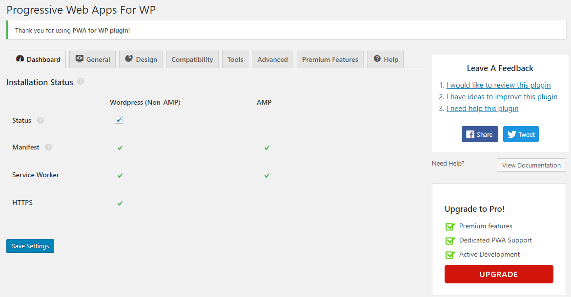 Dashboard showing installation status for Manifest, Service Worker, and HTTPS across WordPress.