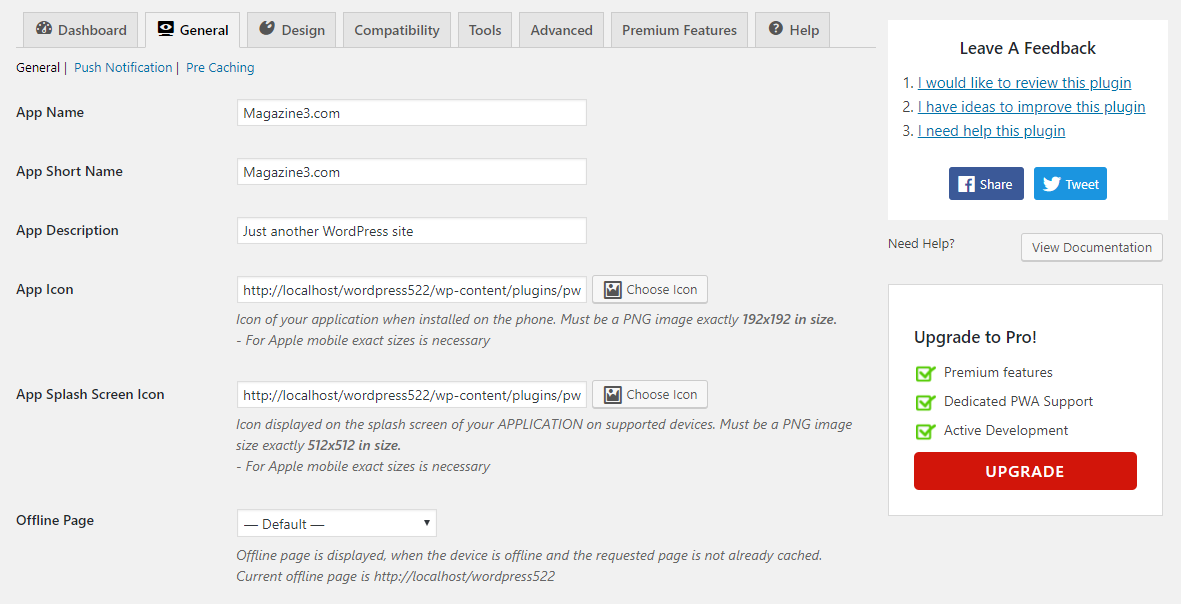 Settings page showing fields for app name, short name, description, icon, splash screen icon, and offline page settings.