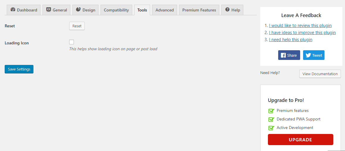 Tool settings page.