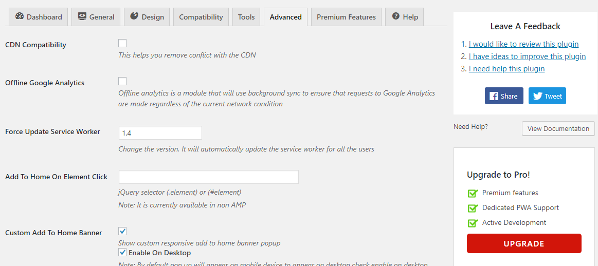 Advanced settings page.