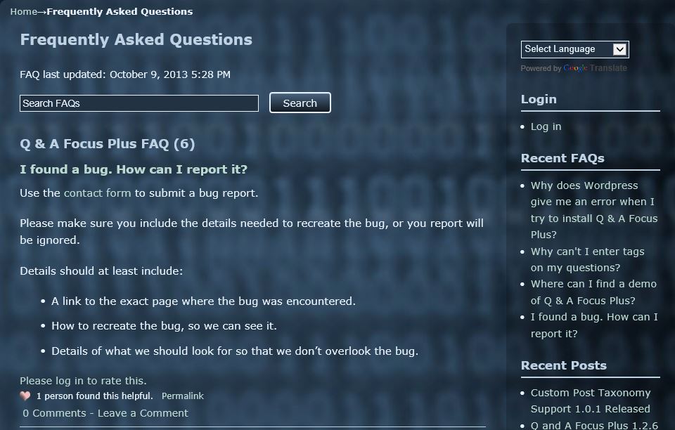 The FAQ homepage.