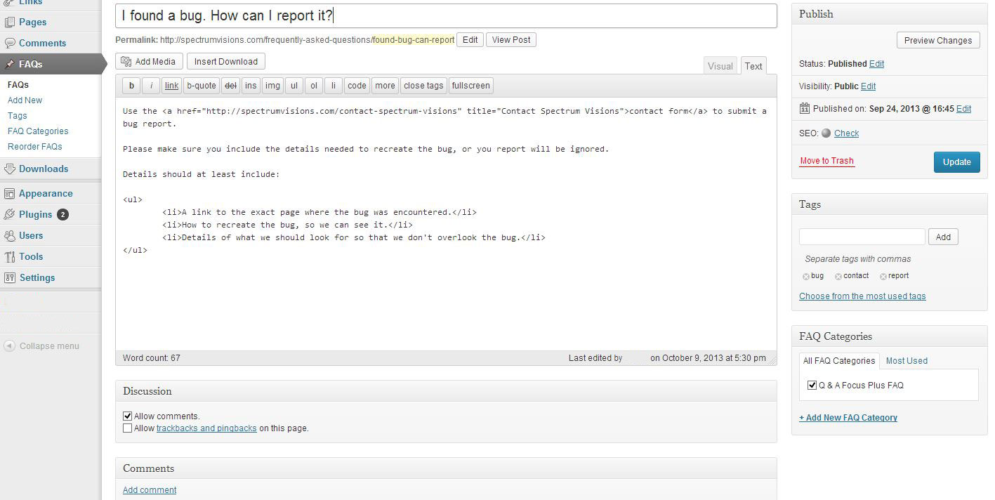 The FAQ entry page.