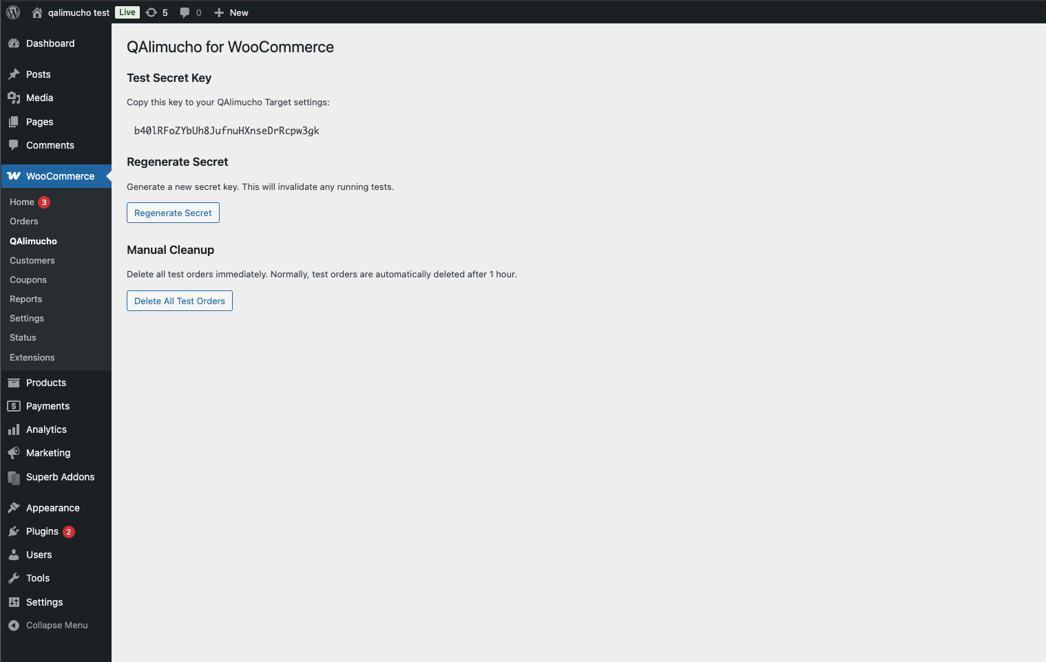 Admin settings page with secret key