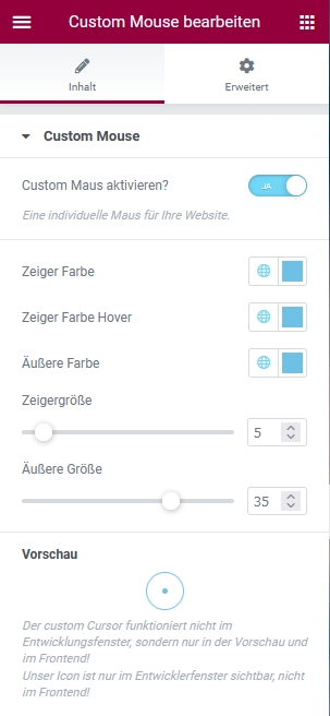 Settings like color, vover-color, disc-color, size and disc-size and preview.
