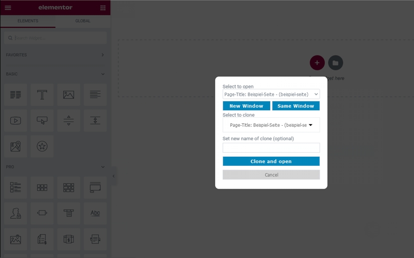 Open modal for selecting, renamimg of clone and cloning action.