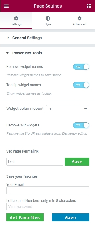 Special settings in Elementor panel: remove widget names, show names as tooltipp, how many columns for the widgets and hiding of WordPress widgets. Change the permalink name and saving/ retrieving favorite widgets.