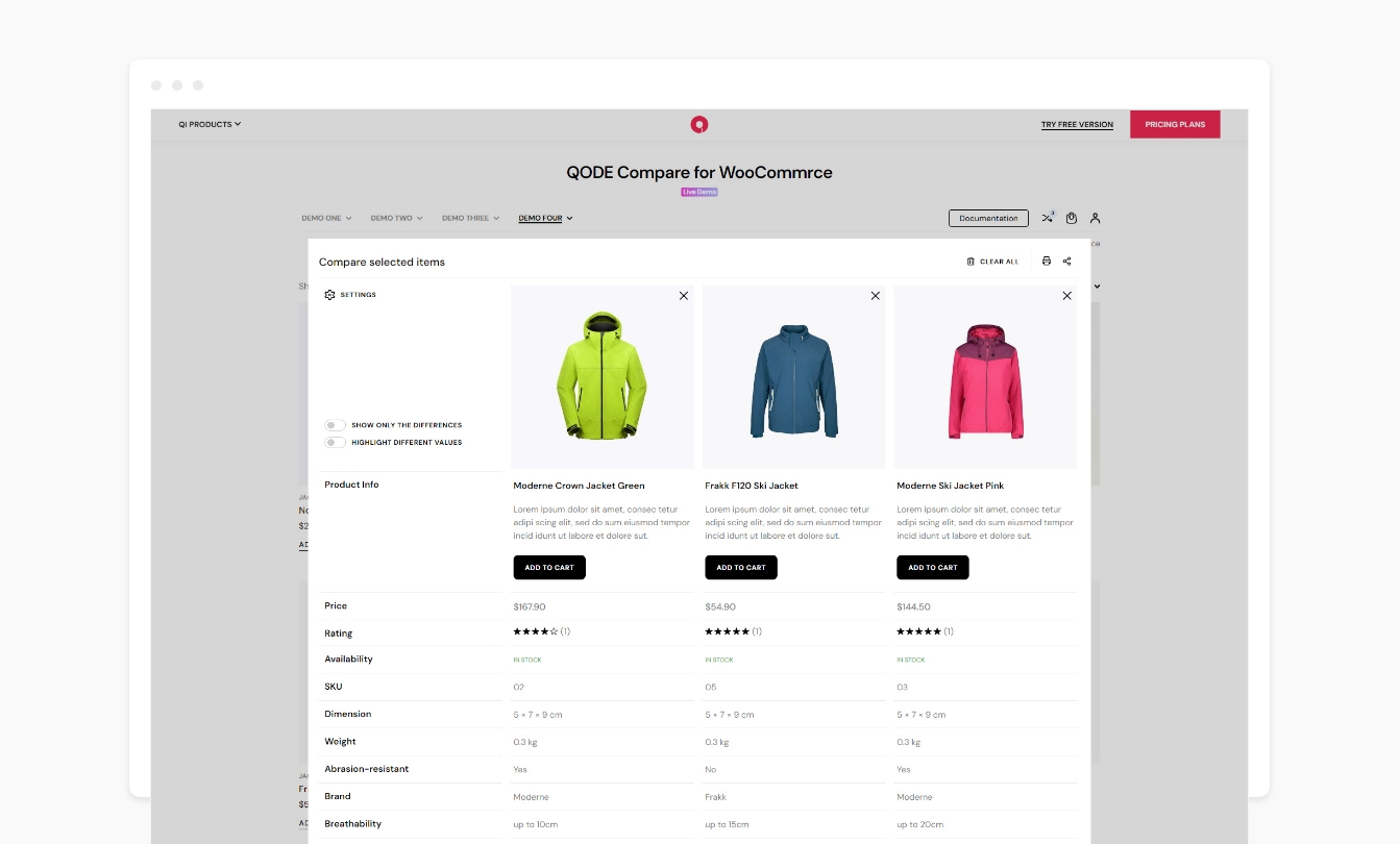 Comparison Table Popup.