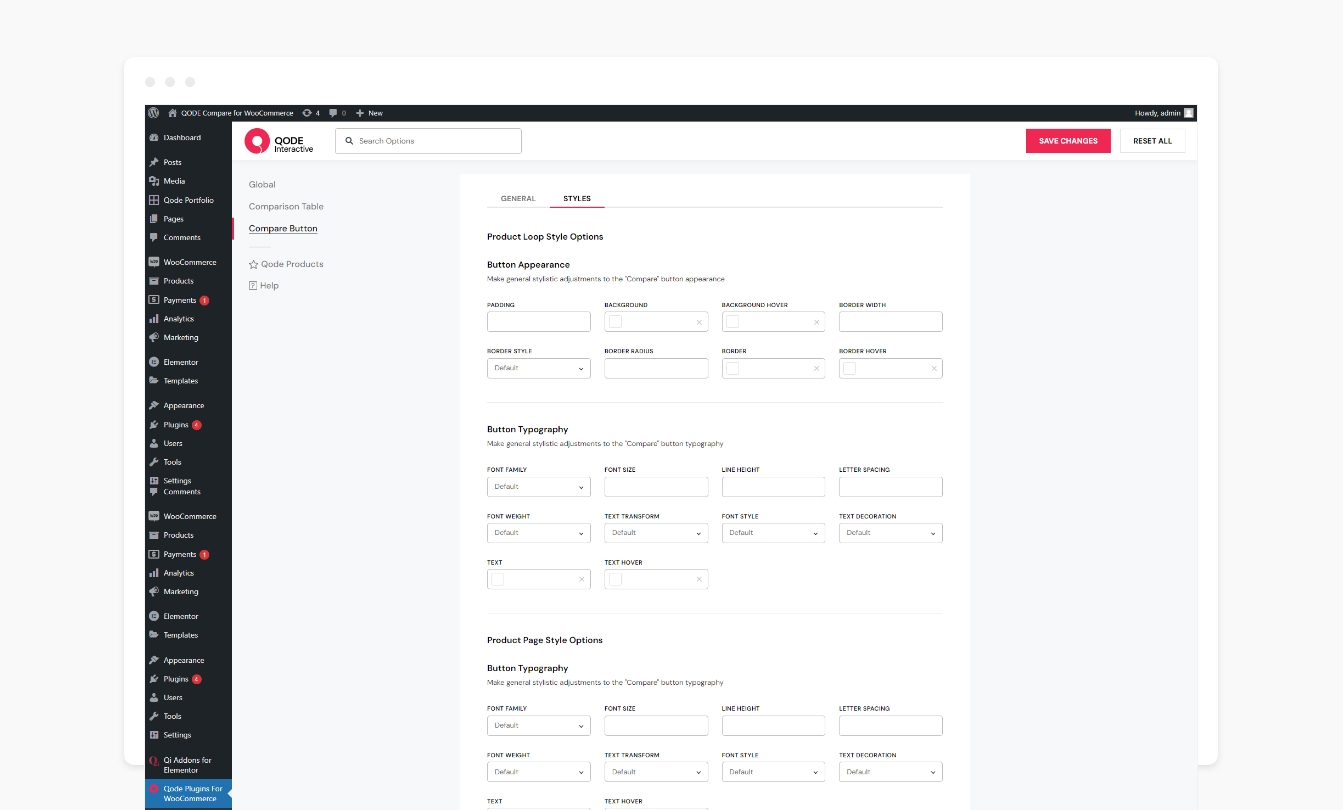 Compare Button Settings.