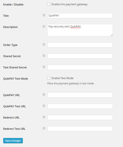 Payment gateway settings page with defaults